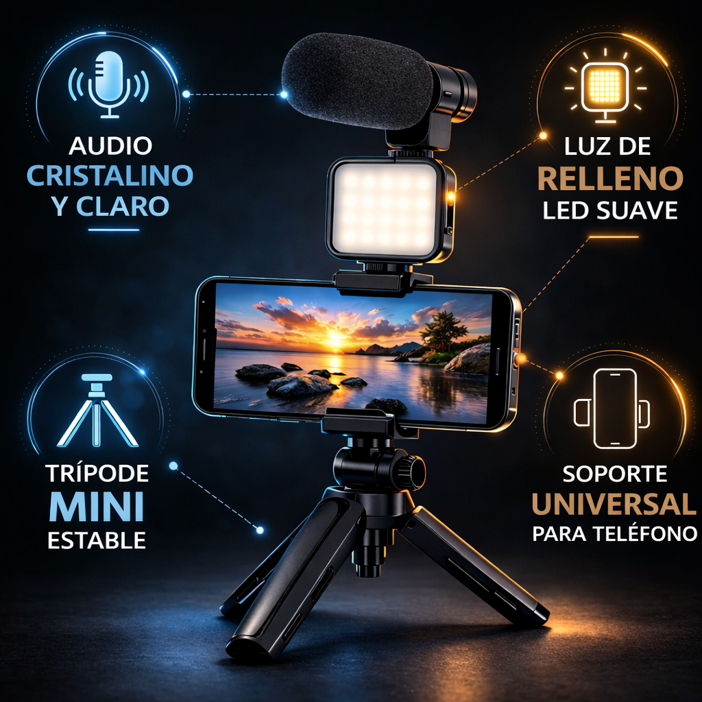CreatorKit Pro™ – Kit Completo con Trípode, Luz LED y Micrófono para Crear Contenido Profesional desde tu Celular en Cualquier Lugar
