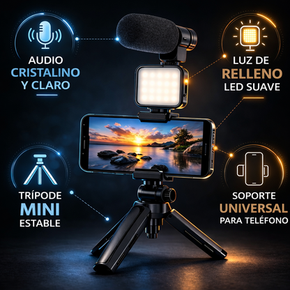 CreatorKit Pro™ – Kit Completo con Trípode, Luz LED y Micrófono para Crear Contenido Profesional desde tu Celular en Cualquier Lugar