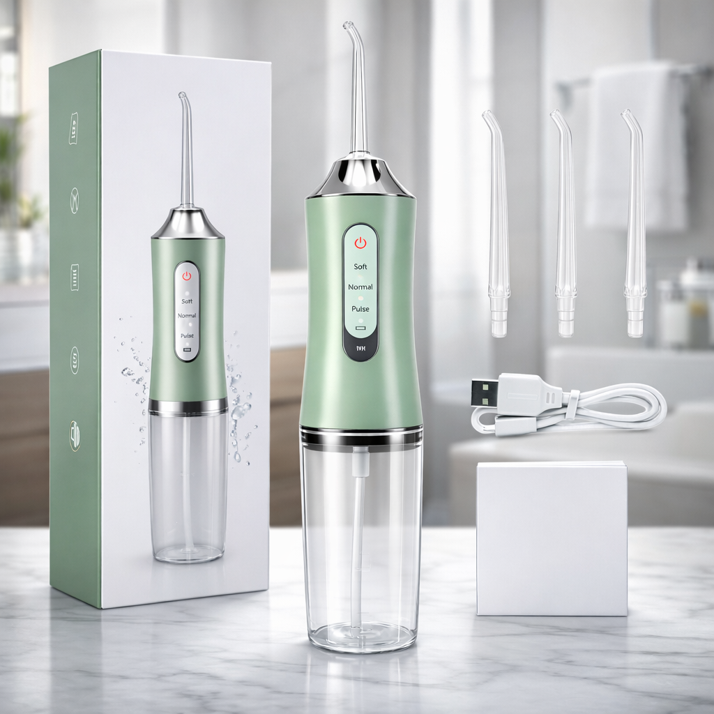 FreshPulse™ – Irrigador Bucal Portátil Recargable con 3 Modos de Presión para Eliminar Placa, Cuidar Encías y Mantener Aliento Fresco Todo el Día