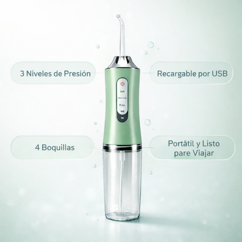 FreshPulse™ – Irrigador Bucal Portátil Recargable con 3 Modos de Presión para Eliminar Placa, Cuidar Encías y Mantener Aliento Fresco Todo el Día