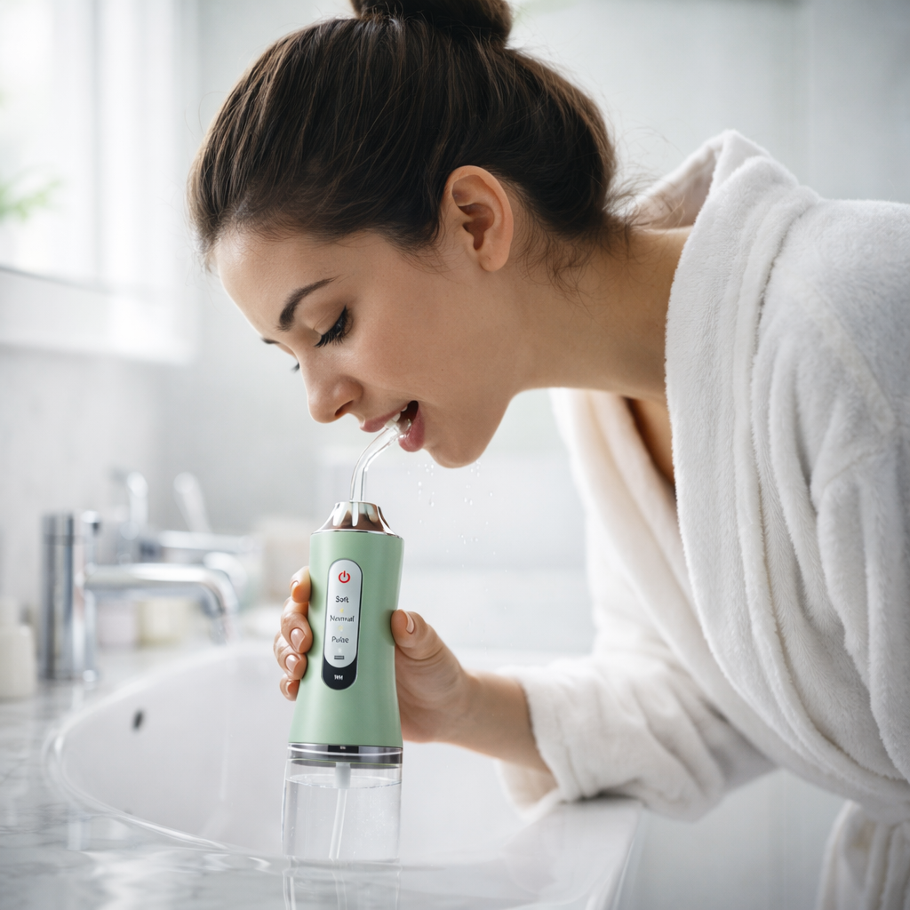 FreshPulse™ – Irrigador Bucal Portátil Recargable con 3 Modos de Presión para Eliminar Placa, Cuidar Encías y Mantener Aliento Fresco Todo el Día