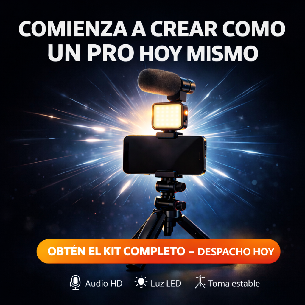 CreatorKit Pro™ – Kit Completo con Trípode, Luz LED y Micrófono para Crear Contenido Profesional desde tu Celular en Cualquier Lugar