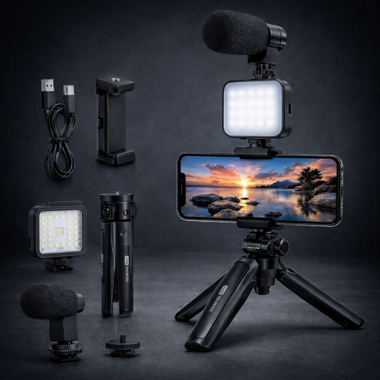 CreatorKit Pro™ – Kit Completo con Trípode, Luz LED y Micrófono para Crear Contenido Profesional desde tu Celular en Cualquier Lugar